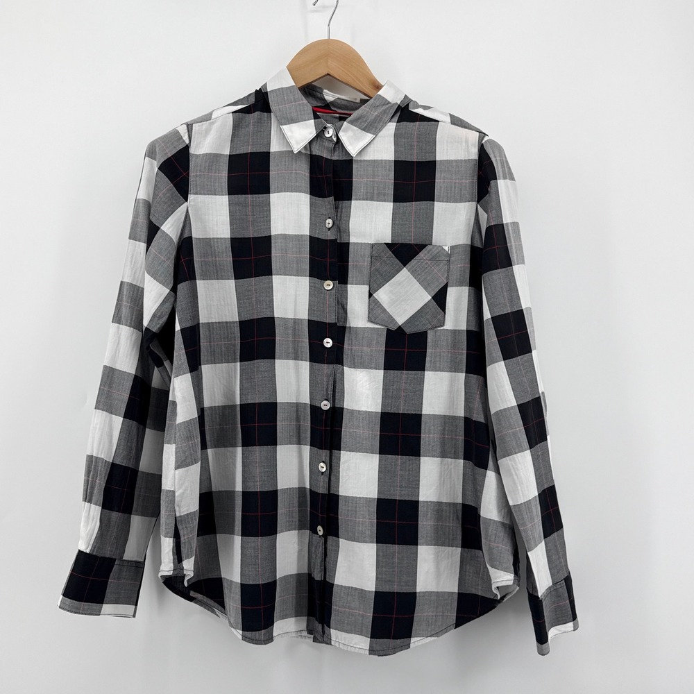 Foxcroft Womens 12 Shaped Cotton Button Down Shirt Black White Buffalo Plaid